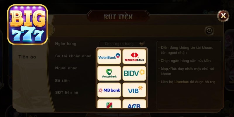 Hoàn thành các thông tin trong biểu mẫu rút tiền Big777